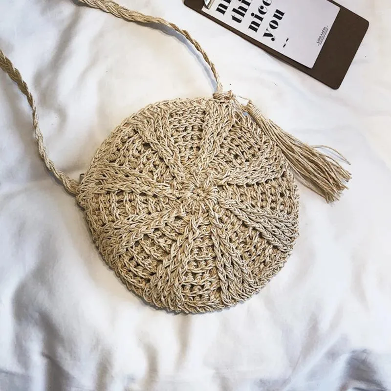 Borse a tracolla Boho Borsa da donna in paglia Borsa a tracolla rotonda fatta a mano in rattan intrecciato a tracolla con nappa da spiaggia