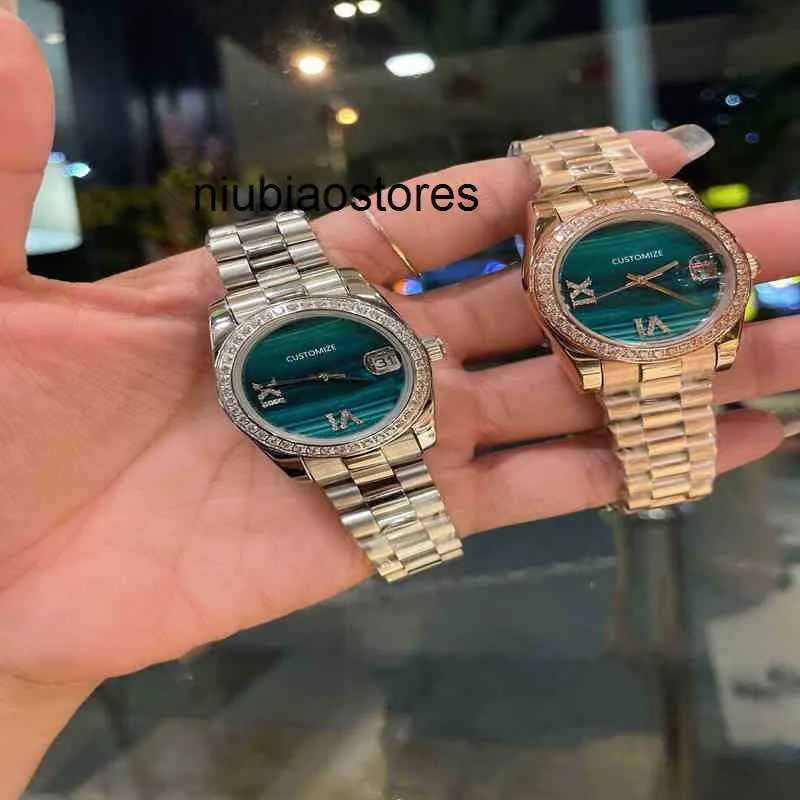 Orologio da donna di lusso meccanico automatico con cristalli di diamanti Orologio in oro rosa quadrante verde Numero orologio Orologio da polso impermeabile con zaffiro in acciaio inossidabile Gvu8