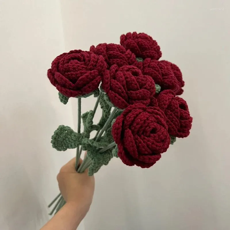 Decorative Flowers 1PC Wine Red Knitting Rose Flower Cute Crochet DIY Artificial Wedding Party Festival Birthday Dinner Decoration Gifts