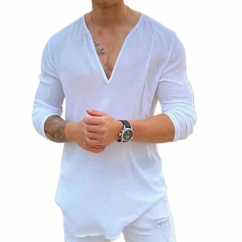 2024 Nouveau lin pour hommes T-shirt à manches LG Chemise respirante Couleur unie Casual Basic Coton Lin Chemise Top J8BH #