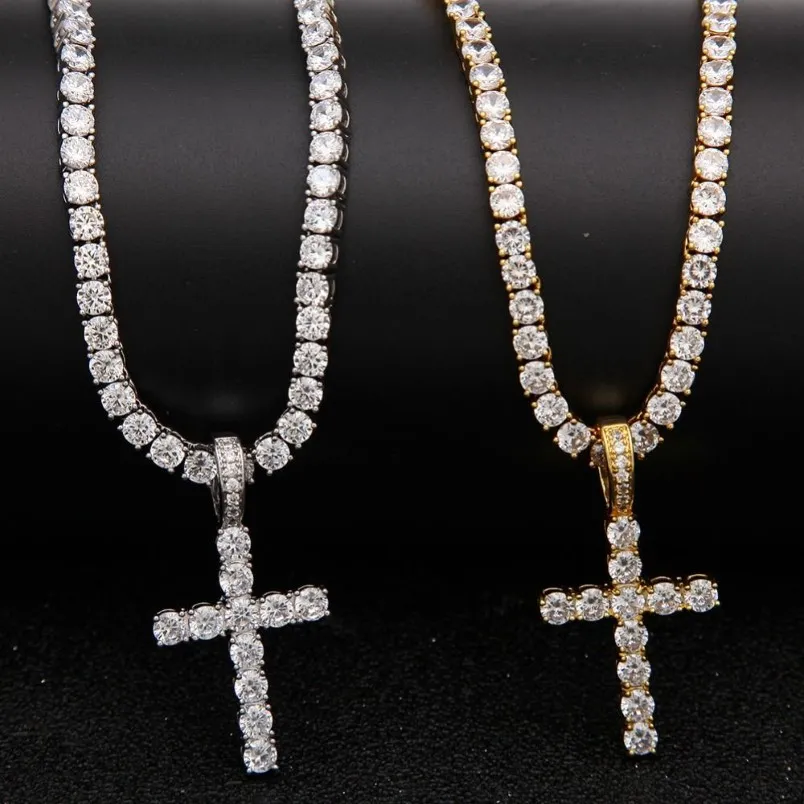 Sell Iced Out Zircon Cross Pendant With 4mm Tennis Chain Necklace Set Men's Hip hop Jewelry Gold Silver CZ Pendant Neckla221P