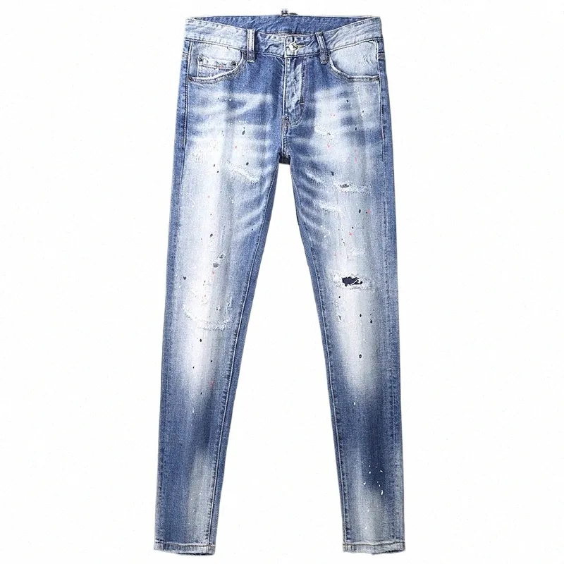 Street Fi Men Jeans Retro jasnoniebieski zwykły ślub Elastic Slim Fit Ripped Dżinsy Męs