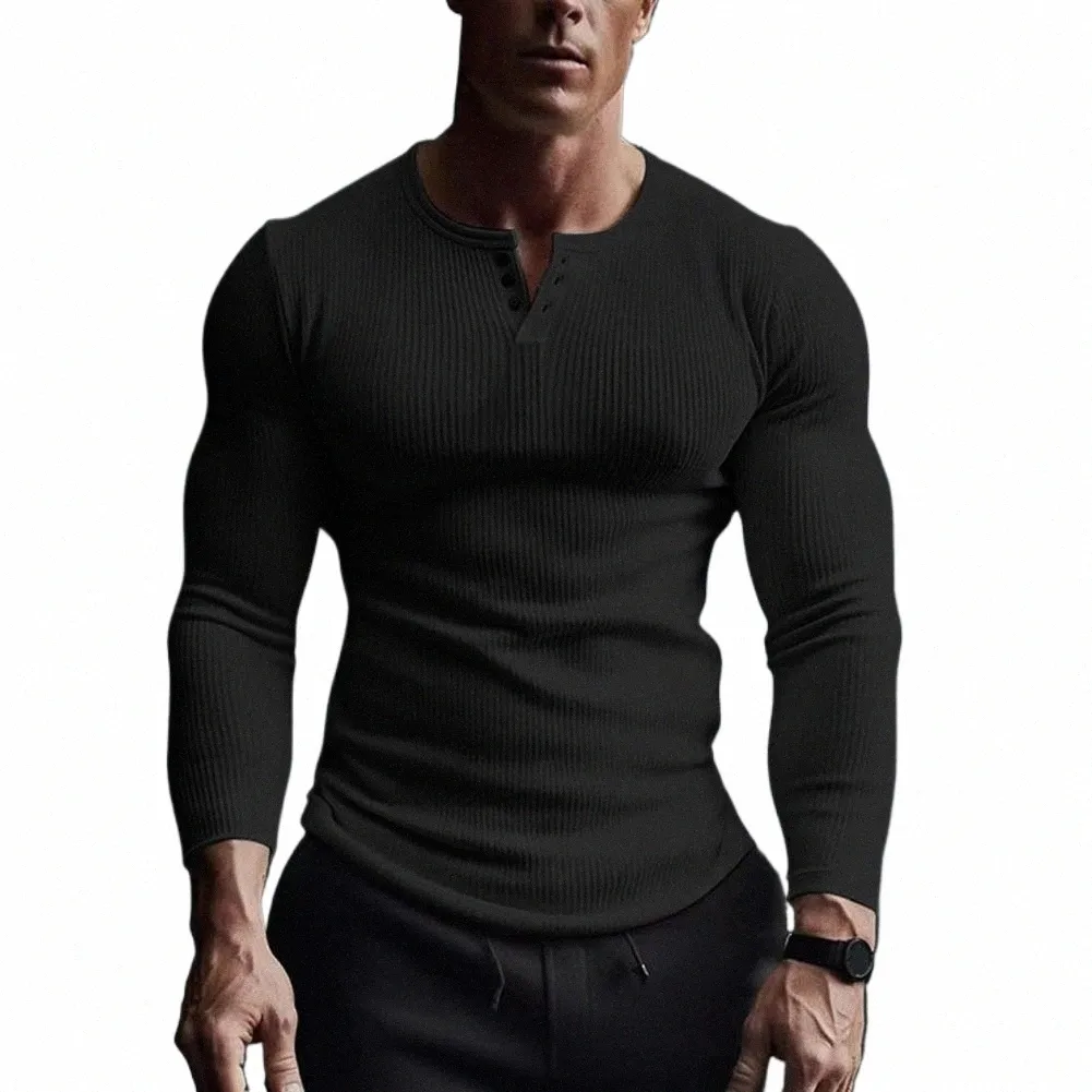 men Lg Sleeve Shirt Fitn Muscle Shirt Solid Color V-neck Lg Sleeve Men's Fitn Shirt Breathable Top for Spring Autumn Y8aN#