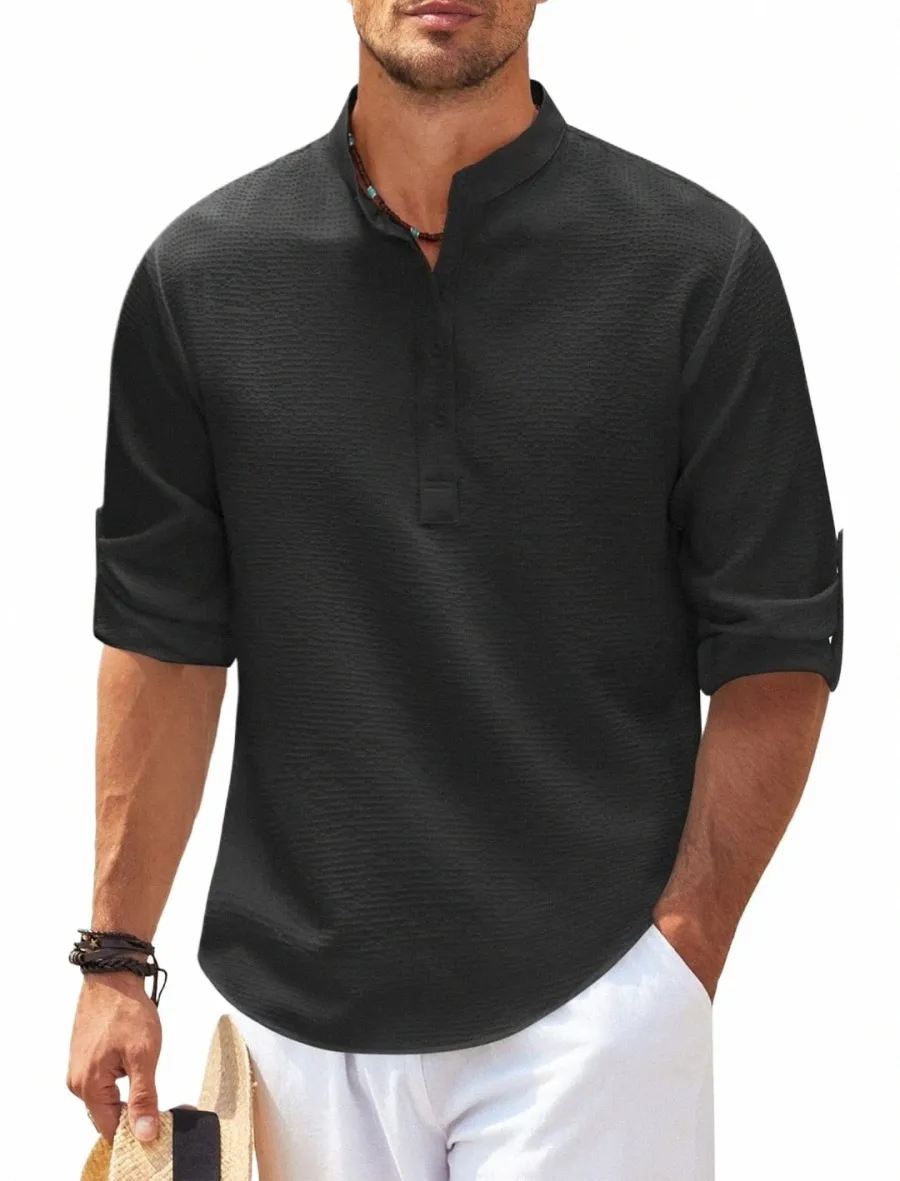 Cott Linen Hot Sale Męskie koszule LG-Sleeved Spring Autumn Solid Color Stand-Up Obroź