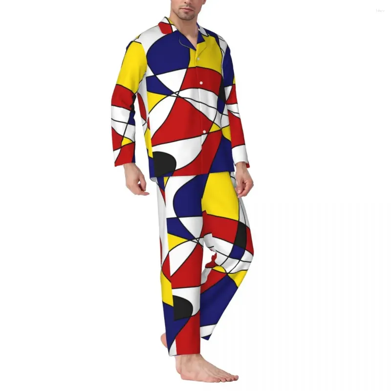 Hemkläder pajamas män de stijl sovrum sömnkläder Mondrian och Gauss Två bit lös pyjama set långärmad trendig överdimpa kostym