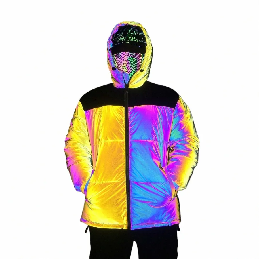 black Yellow Patchwork Colorful Reflective Jacket Winter Coat Men Women Fi Night Reflect Light Abrigo Hombre H8AU#