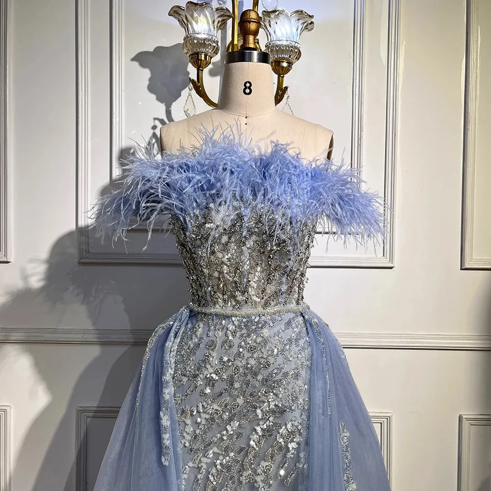 Serene Hill Blue Diamond Feather Mermaid Elegant med overskirt aftonklänningar klänningar 2024 för kvinnor bröllopsfest LA72061 240313