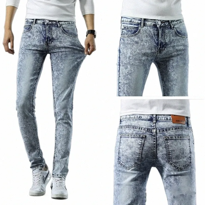 Jasnoniebieski płatek śniegu dżinsy mężczyźni fi młodość swobodna streetwear szczupła, prosta cotwa wygodne męskie dżinsowe spodnie 65KT#