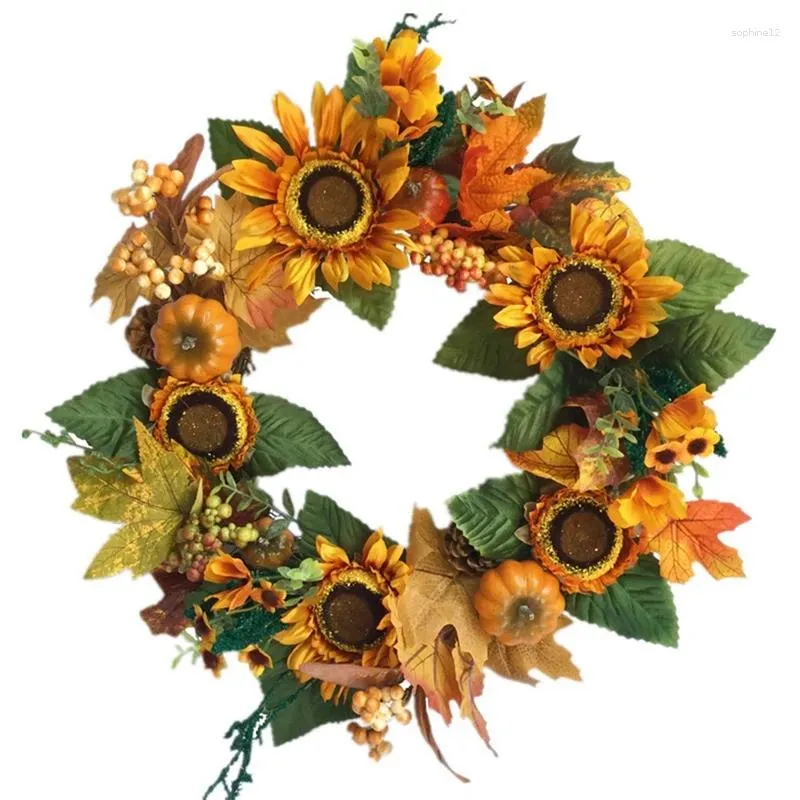 Fleurs décoratives-décoration de couronne d'automne-citrouille d'automne et tournesols pour porte d'entrée maison Halloween Thanksgiving
