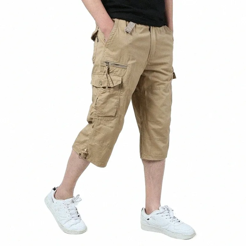LG längd last shorts män sommar knä multi ficka casual stuga elastisk midja capri militär heta byxor beskurna byxor r4mf#