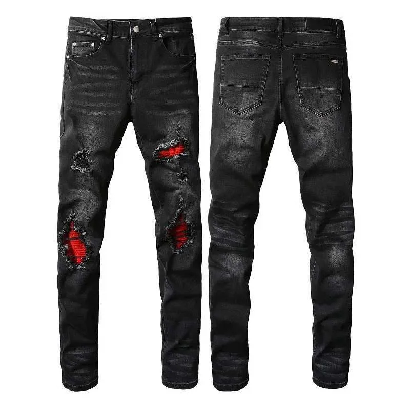 Jeans da uomo Jeans cardigan ultrasottili neri da uomo abbigliamento da strada hip-hop toppe rosse jeans strappati con foro elastico Pantaloni da uomo J240328