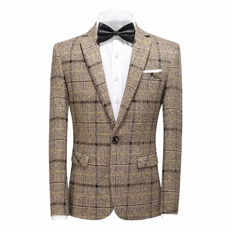 Busin Plaid Men Blazers 2023 Vintage Wedding Groom Man Jacket Casual One-Butt Slim Fit Plus Size Blazer Terno Men Clothing S2OH#