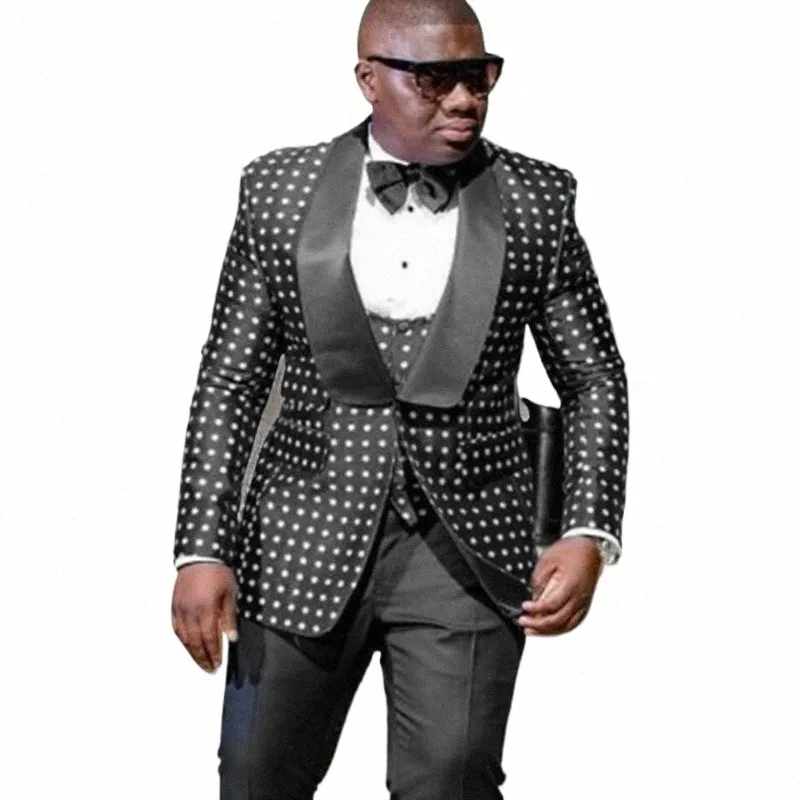 black Check Dots Slim Fit Men Suits For Wedding 3 Piece African Groom Tuxedo Custom Man Fi Jacket Vest Pants 2023 B8lm#