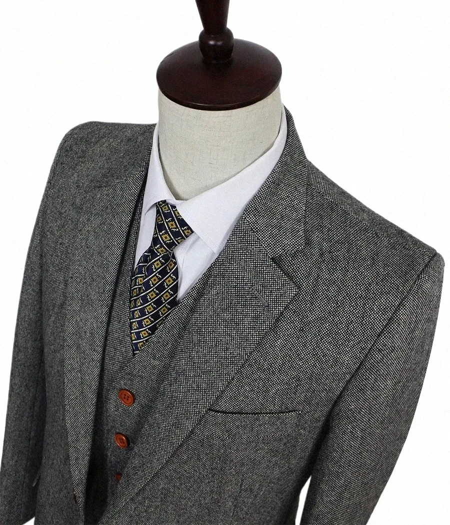 stile retrò gentiluomo Grigio classico tweed abiti da sposa su misura per uomo su misura blazer in lana slim fit abito da uomo in 3 pezzi 52l3 #