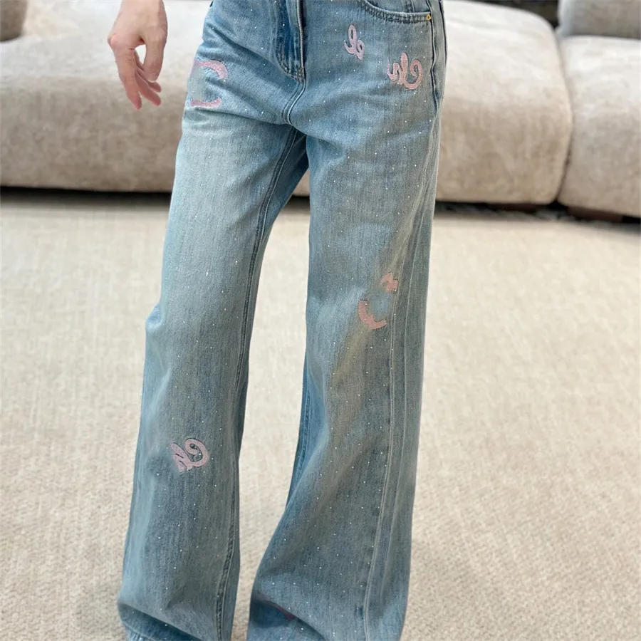 Damen-Jeans, Designer-Jeans, verwaschene Hose, lässig, Buchstaben-Stickerei, hohe Taille, gerade, schmale, dünne Hose