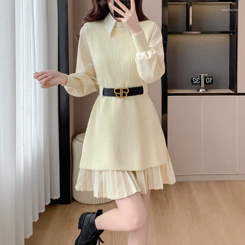 Work Dresses French Knitted Casual Two-piece Dress With Belt Women's Loose Hepburn Temperament Knit Top Shirt Mini Suit