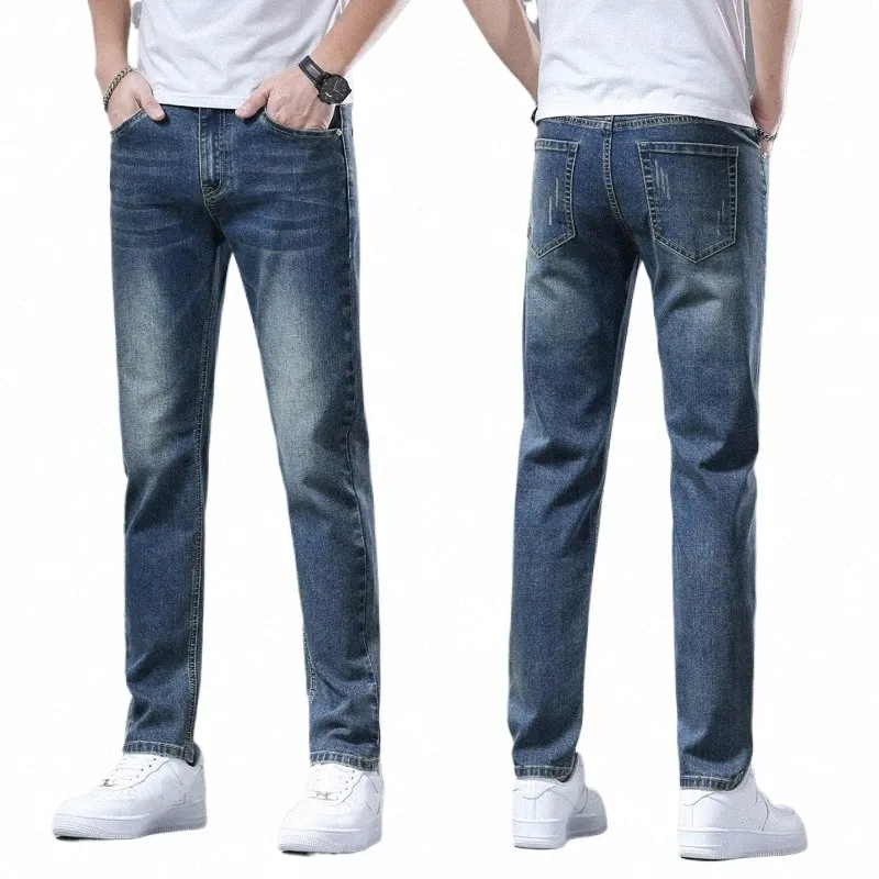 fi Mannen Stretch Lichtblauwe Jeans Busin Losse Klassieke Jeans Casual Denim Lg Broek Slim Fit Man Cool Dad Retro broek d449 #