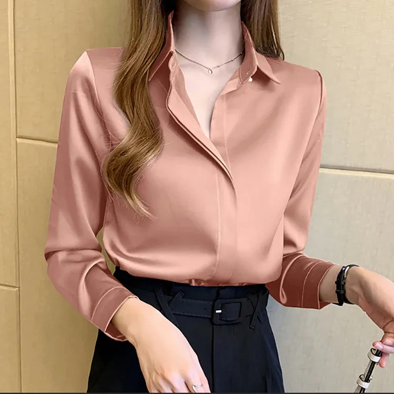 Satijn Dames Shirt Vintage Lange Mouw Blouse Zijde Elegante Dames Tops Woon-werkverkeer Luxe Witte Herfst Vrouwelijke Kleding 240328