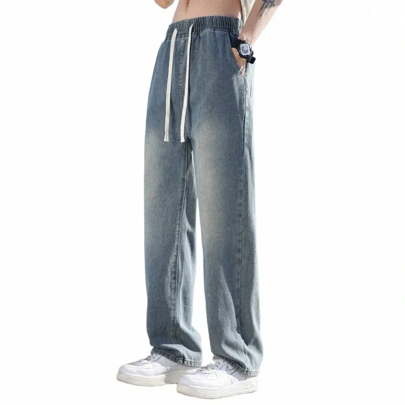 Nouveau printemps homme Baggy Jeans Fi coréen taille élastique Casual droite tendance lâche Denim pantalon large Vintage bleu E3qR #