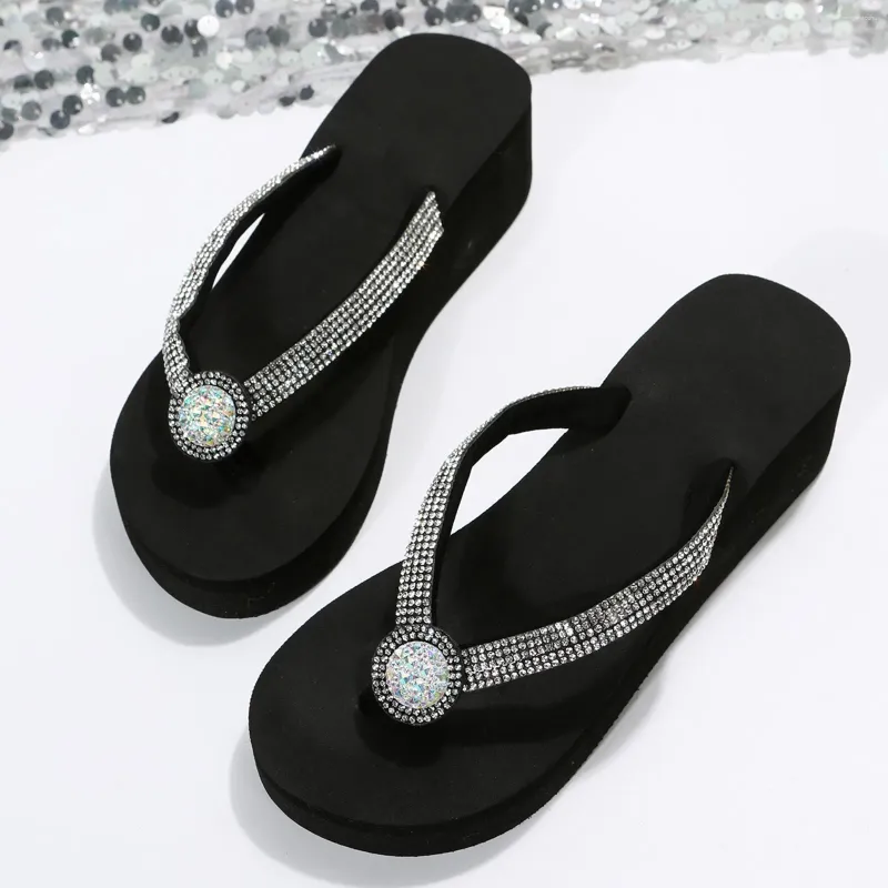 Pantofole Donna Diamante brillante Pendenza Tacco spesso Scarpe da spiaggia Pantofola a spina di pesce Tinta unita Moda Infradito Calzature taglie forti