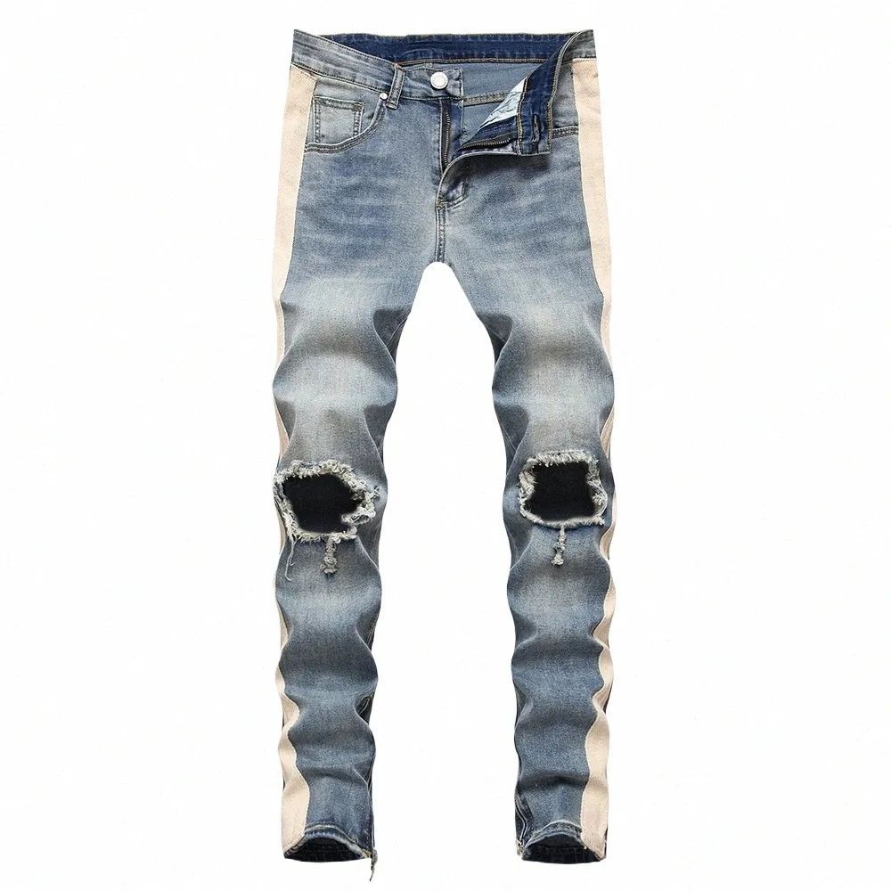 Herrens sida rand stora hål rippade jeans streetwear ankel blixtlås smal mager stretch denim blyerts byxor byxor blå svart n3hq#