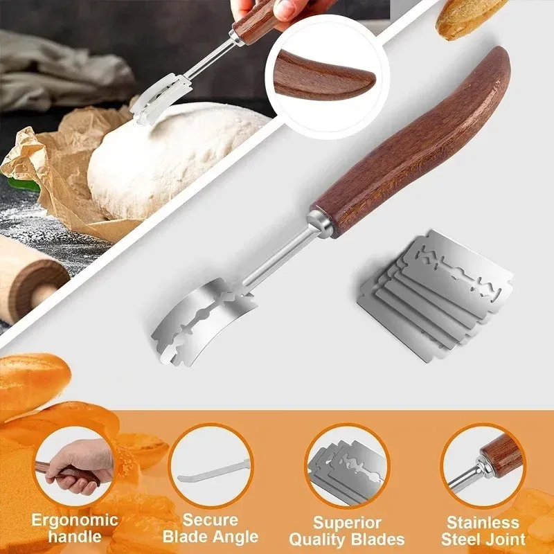 New Wooden Baking Bread Cutter Slashing Tools Bread Scorer Blade Knife Handled Lame Marking with 5 Blades European Bread Cutting