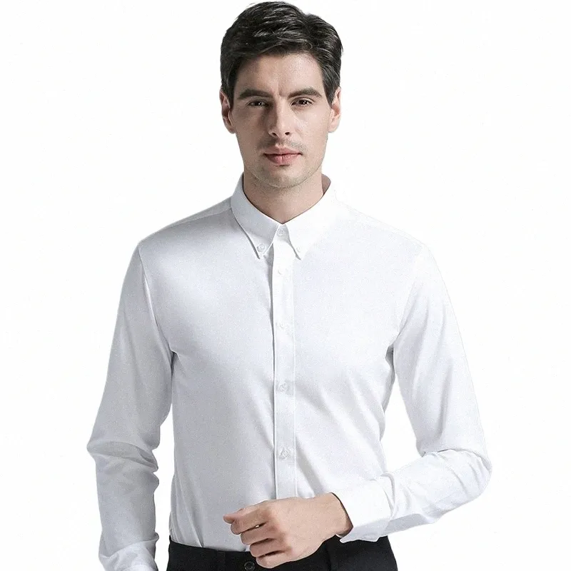 Совершенно новые мужские рубашки, формальные рубашки с пряжкой на воротнике, рубашки Fi, сплошной цвет, бизнес-костюмы с рукавами Lg, рубашки белого цвета w5wH #