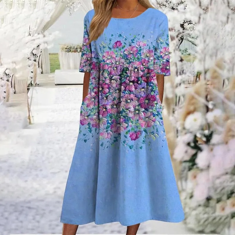 Casual Dresses Loose Dress Short Sleeves Crew Neck Sexy Party Floral Prints Beach Swing Woman Clothing Vestidos Para Mujer