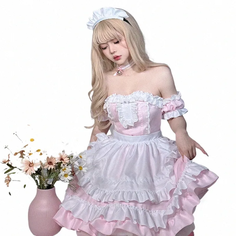 Lolita Roze Dr Vrouwen Party Princ Koffie Meid Ruches Anime Cosplay Kostuums Japanse Kawaii Halen Waitr Rollenspel 13Yp #