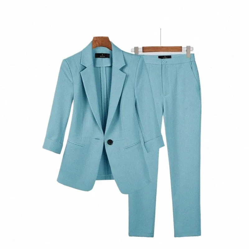 PROFIAL SUIT Women's 2023 Spring/Summer New Short 7 Split Sleeve Solid Color Suit Premium Temperament Suit Two Piece Set 925r#