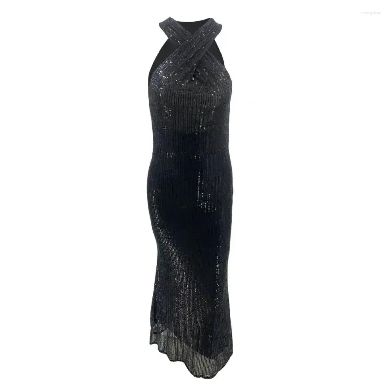 Vestidos casuais sereia corte formal vestido elegante lantejoulas halter pescoço vestido de noite para mulheres sem costas slim fit bainha tornozelo comprimento festa