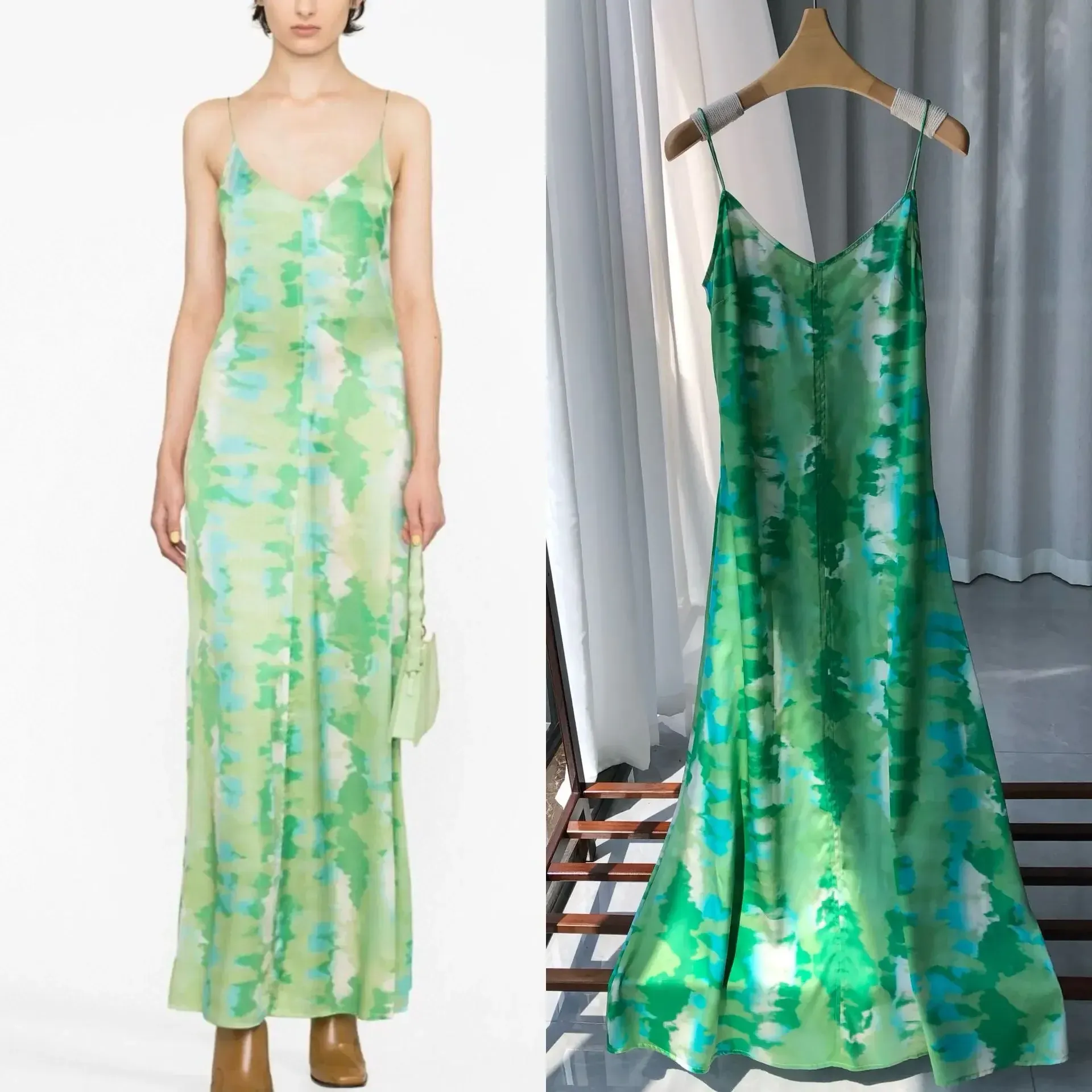 Vestido lencero con estampado de acuarela verde de satén de seda pesada para mujer y falda tobillera de verano verde acuarela fresca