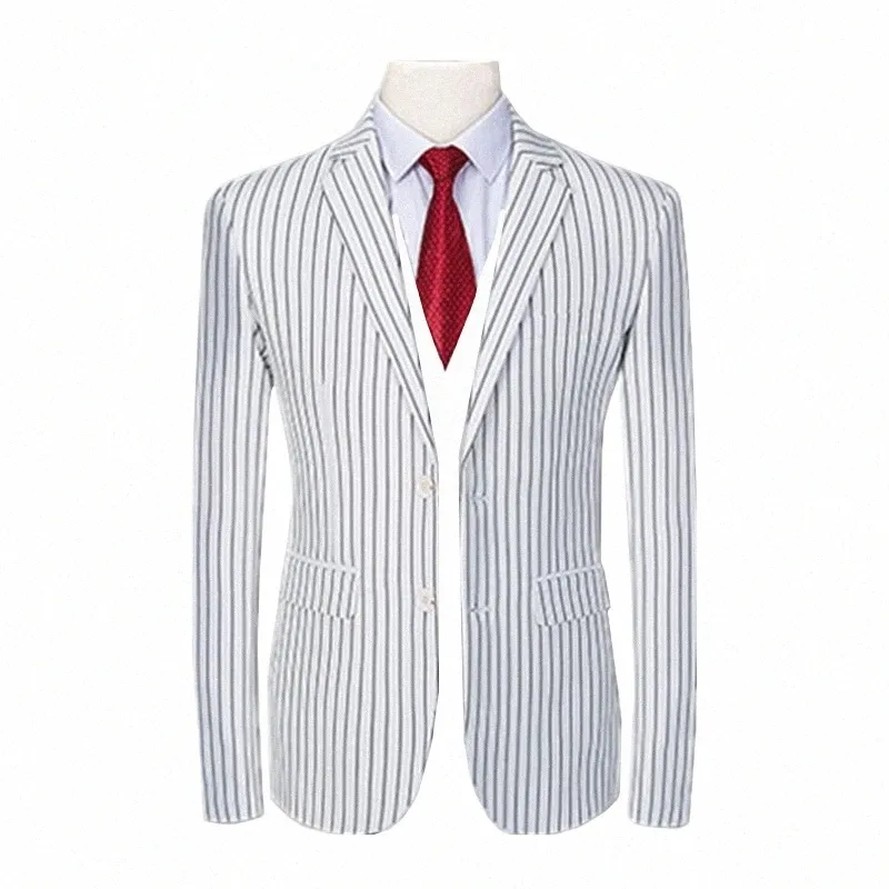 Printemps et automne nouveaux hommes blanc rayé costume veste hommes Fi Slim Dr manteau bleu gris grande taille Blazers M-5XL 6XL f3R8 #