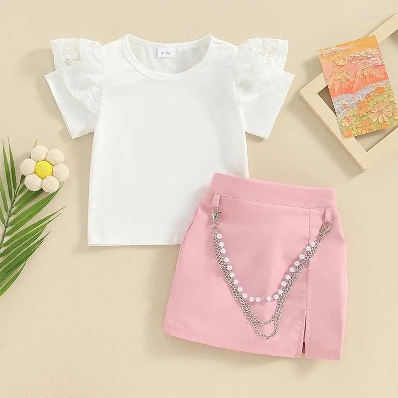 Kläder set flickor sommar 2 bit kläder vit kort ärm spets ruffle tops rosa culottes set