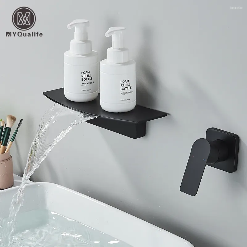 Bathroom Sink Faucets Matte Black Waterfall Bathtub Faucet One Handle In-wall Spout Tub &Cold Water Mixer Tap Handshower Widespread