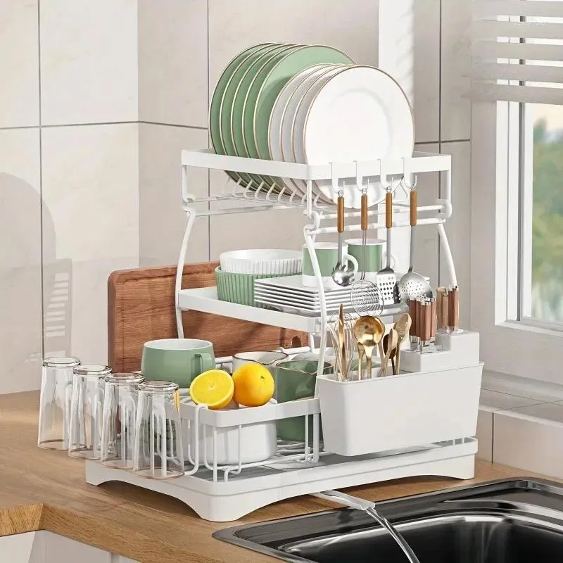 Kitchen Storage Dish Drying Rack 3-Tier Large Bowl Racks Countertop Water Cup Chopsticks Knife Fork Dishes Organizer