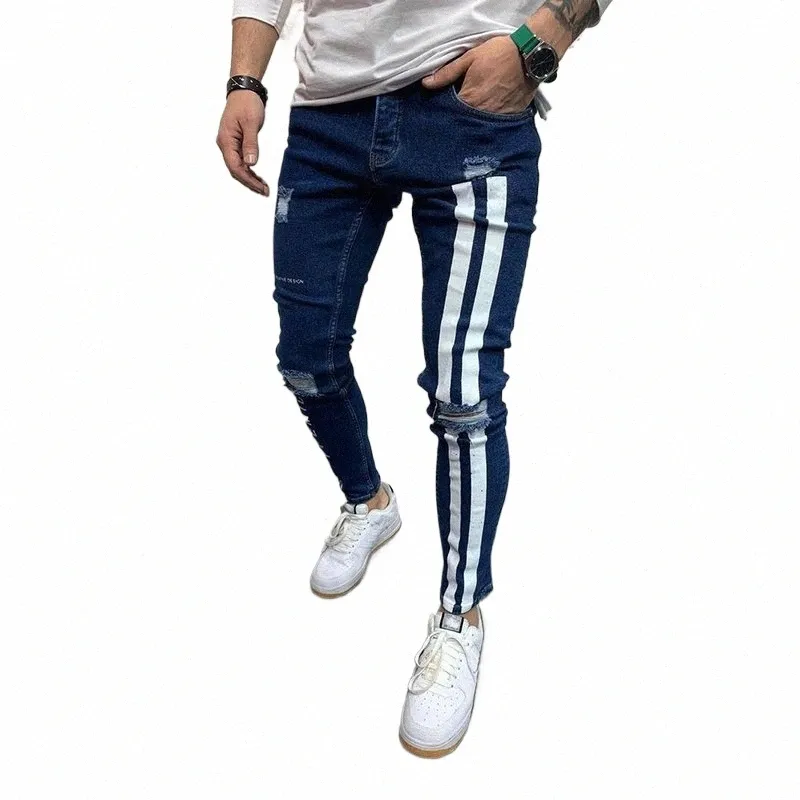 Pantaloni skinny jeans da uomo Vitalità giovanile Pantaloni strappati riflettenti a strisce elasticizzati Pantaloni da uomo di alta qualità per tutti i giorni Sport casual Jean G90d #