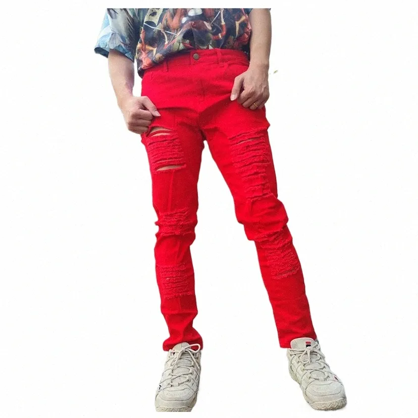 Knieloch-Denim-Jeans für Männer Allgleiches Slim Fit Design Männliche Hosen Fi Hip Hop-Hosen Biker Ripped Casual Red Color 85ah #