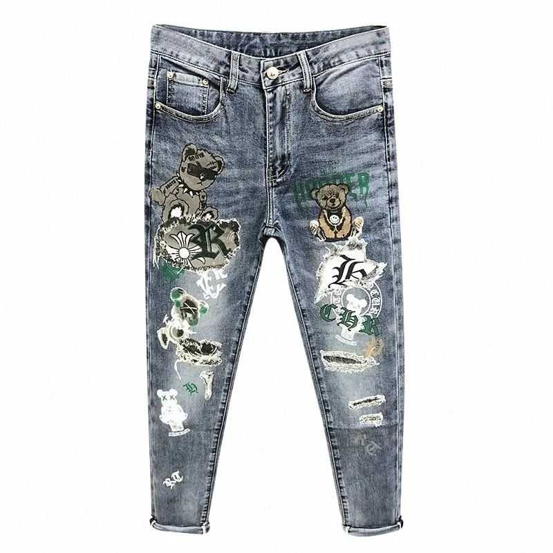 new Spring Autumn Korean Fi Bear Carto Graphical Polished Denim Cargo Kpop Boyfriend Streetwear Designer PRINTED JEANS S6EI#