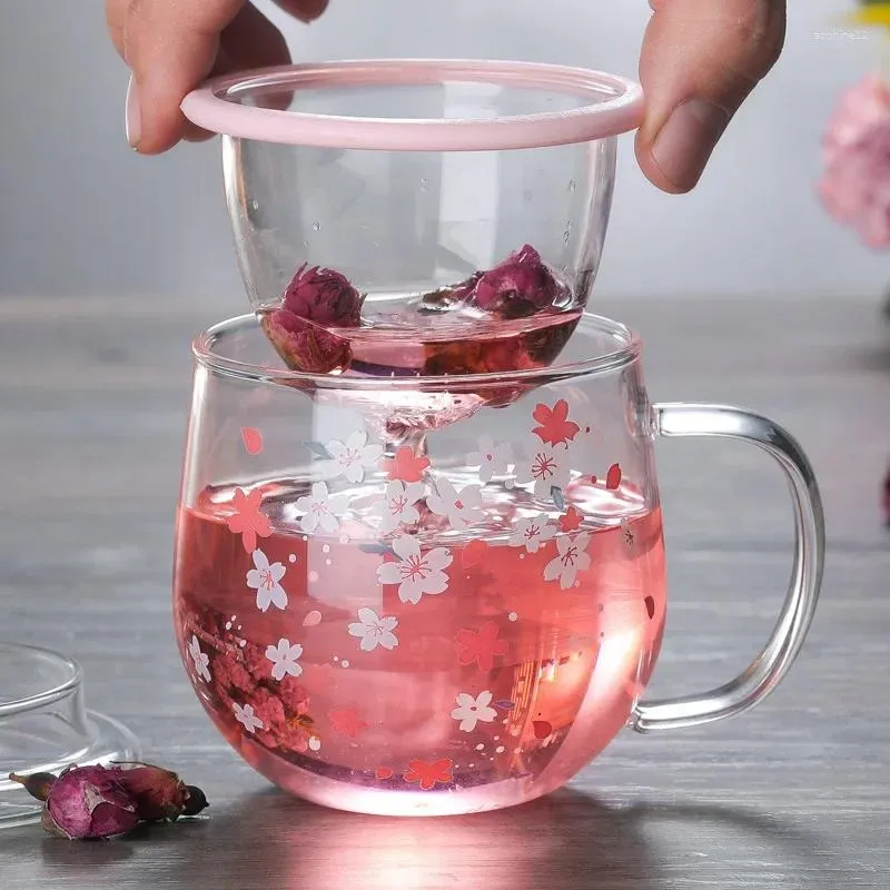 Wine Glasses Mug With Tea Infuser Filter&Lid Cherry Cup Set Blossoms Flower Teacup Transparent Heat