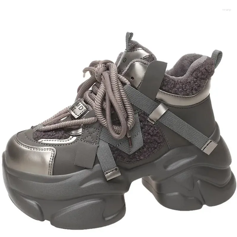 Casual skor vinter kvinnors chunky päls sneakers 8 cm varm hög plattform sport kvinna tjock sula läder zapatillas mujer