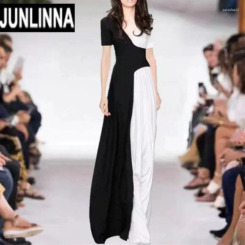 Party Dresses Junlinna Designer Runway Fashion Women Summer V Neck Black White Patchwork Colors Formal Vestidos Elegant Sliming