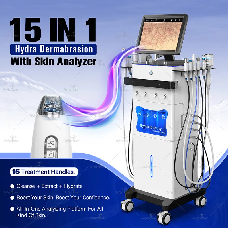 15 w 1 Profesjonalny mikro H2O Dermabrazion Maszyna twarzy twarzy Deep Clean Tlen Microdermabrazion Analizator kosmetyczny PerfectLaser