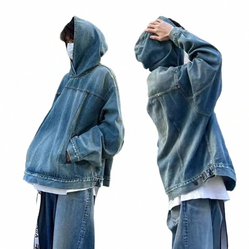 Vintage Denim Sweatshirt Hoodie Street Hip-Hop-Jacke Männer Herbst Frauen Pullover beiläufige lose LG-Hülsen-Jeansjacke E7Ou #