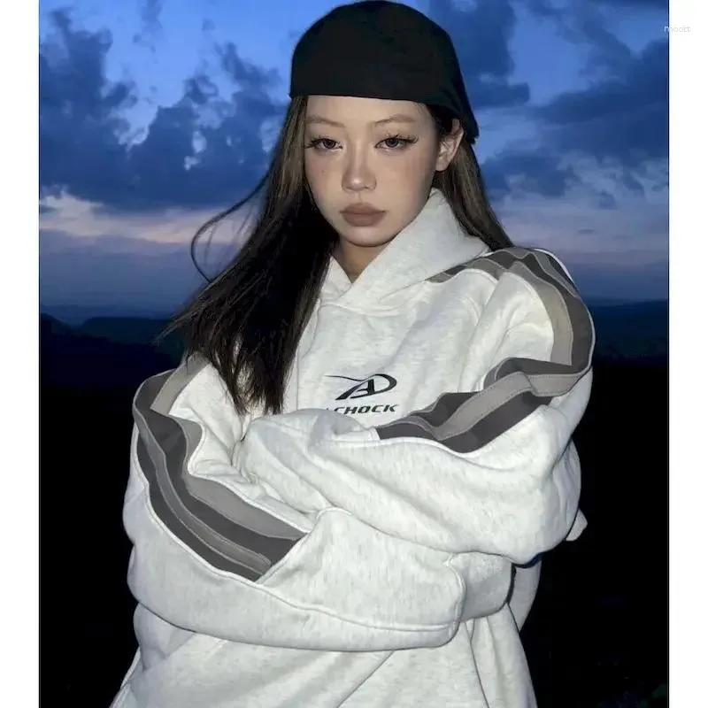 Women's Hoodies Y2K Streetwear Gray Oversized Women Harajuku Vintage Patchwork Hooded Sweatshirts Korean Casual Hip Hop Tops Kpop Grunge