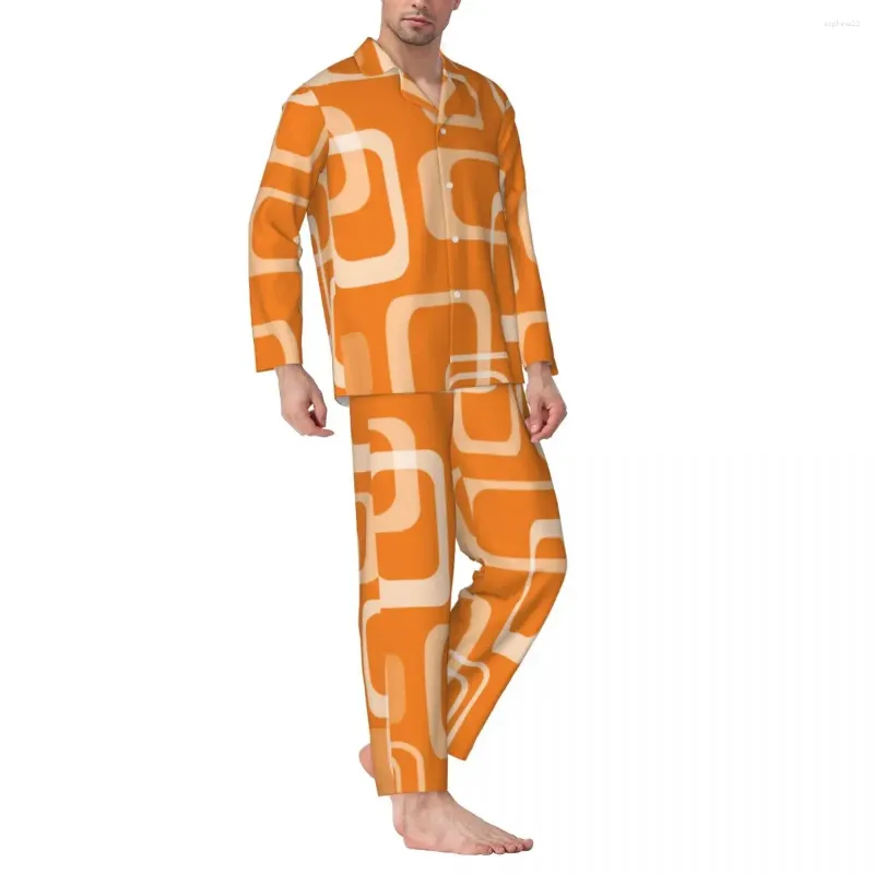 Hemkläder orange retro mod pyjamas män 60s fyrkantiga tryck kawaii rum sömnkläder vår 2 bitar vintage överdimensionerad grafisk uppsättning