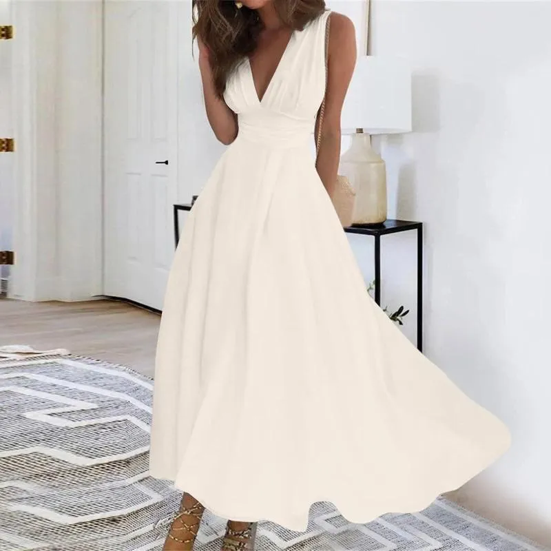 Casual Dresses Spring Summer Elegant Party Long Dress for Women Sexig Deep V Neck Sleeveless Slim White Boho Maxi 2024 Robe Femme