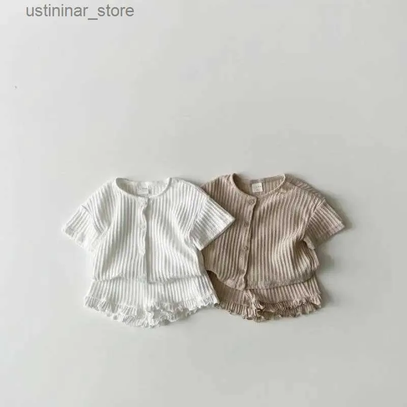 T-shirts baby sommar bomull ribbade kläder sätter barn kort ärm cardigan + shorts 2st.