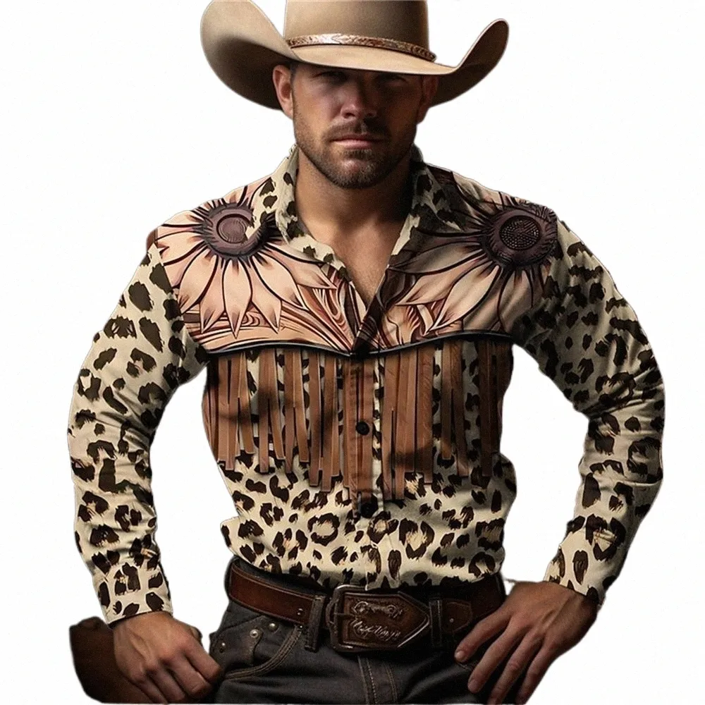 Retro LG Sleeve Western Cowboy Manlig social skjorta Blus Rockabilly Men Street Vintage Fi Casual Clothing Camisas Casuais J6MI#