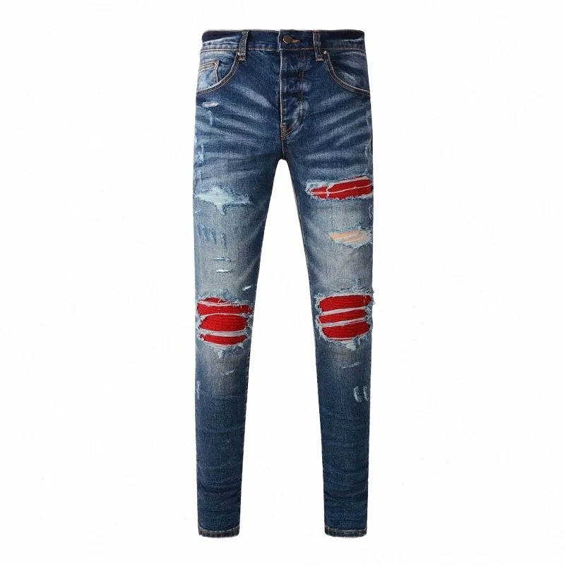 Men's Retro Ripped Skinny Jeans: Dark Blue Stretch Denim, Red Patches, Hip  Hop Style, Designer Streetwear Pants